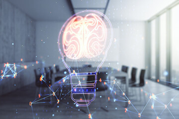 Double exposure of abstract virtual creative light bulb hologram with human brain on a modern...