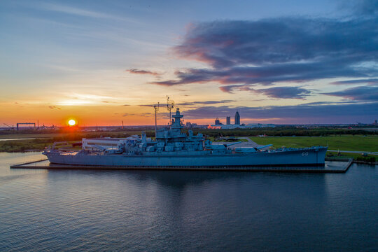 The USS Alabama Battleship at sunset 