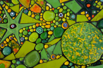 decorative blue turquoise green yellow orange  mosaic tiles stones making pattern texture stars...