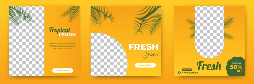 Set of editable square background. Post template fresh drink with palm tree decoration. Flat design vector isolated, with photo collage. Perfect for social media post, story and web internet ads.