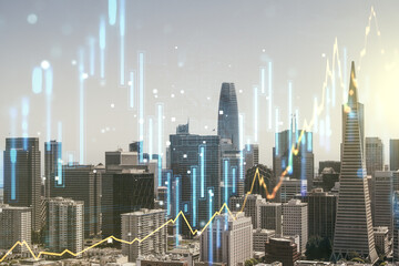 Fototapeta na wymiar Abstract virtual financial graph hologram on San Francisco skyline background, forex and investment concept. Multiexposure