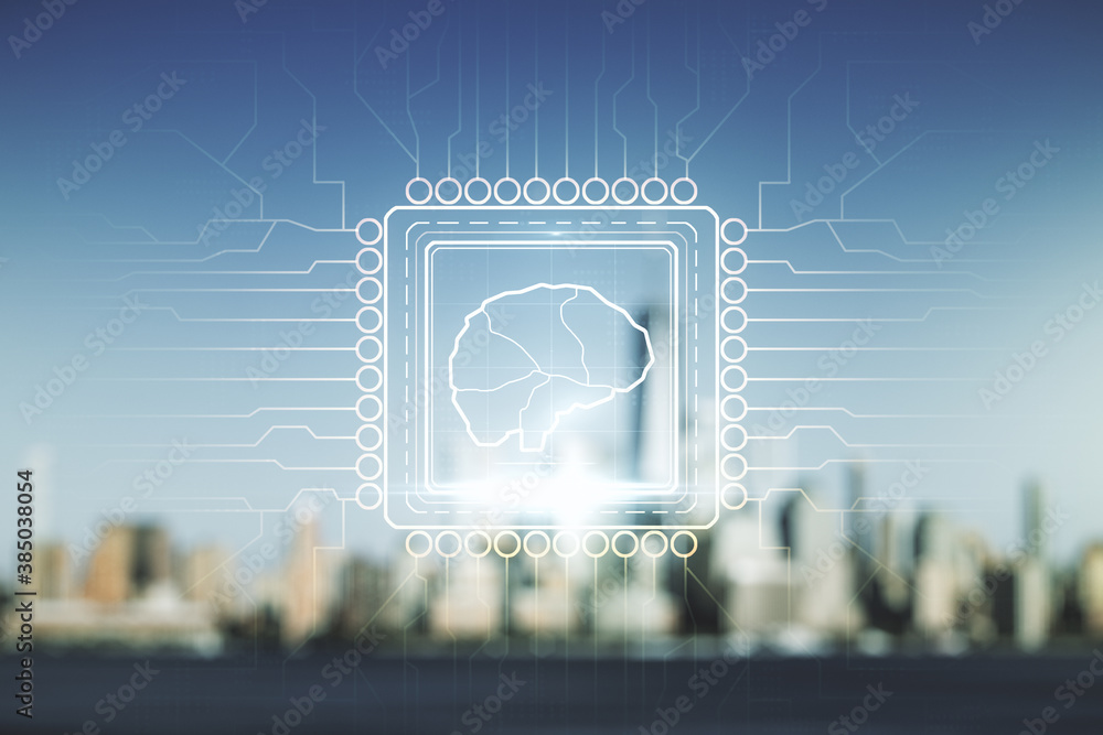Poster double exposure of creative artificial intelligence interface on blurry cityscape background. neural