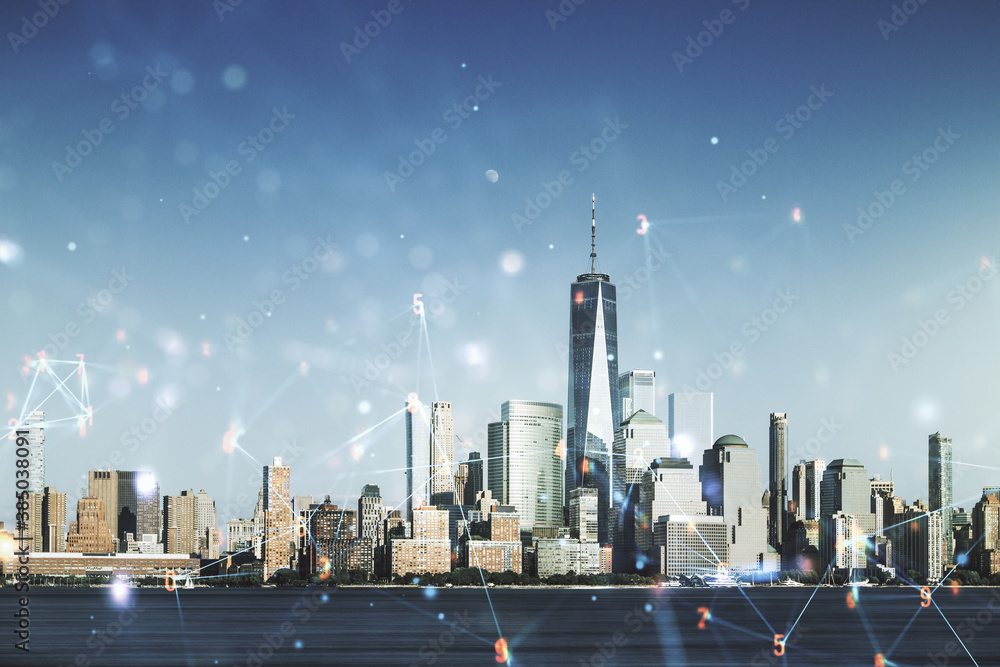 Aufkleber Double exposure of abstract virtual technology hologram on New York city skyscrapers background. Research and development software concept
