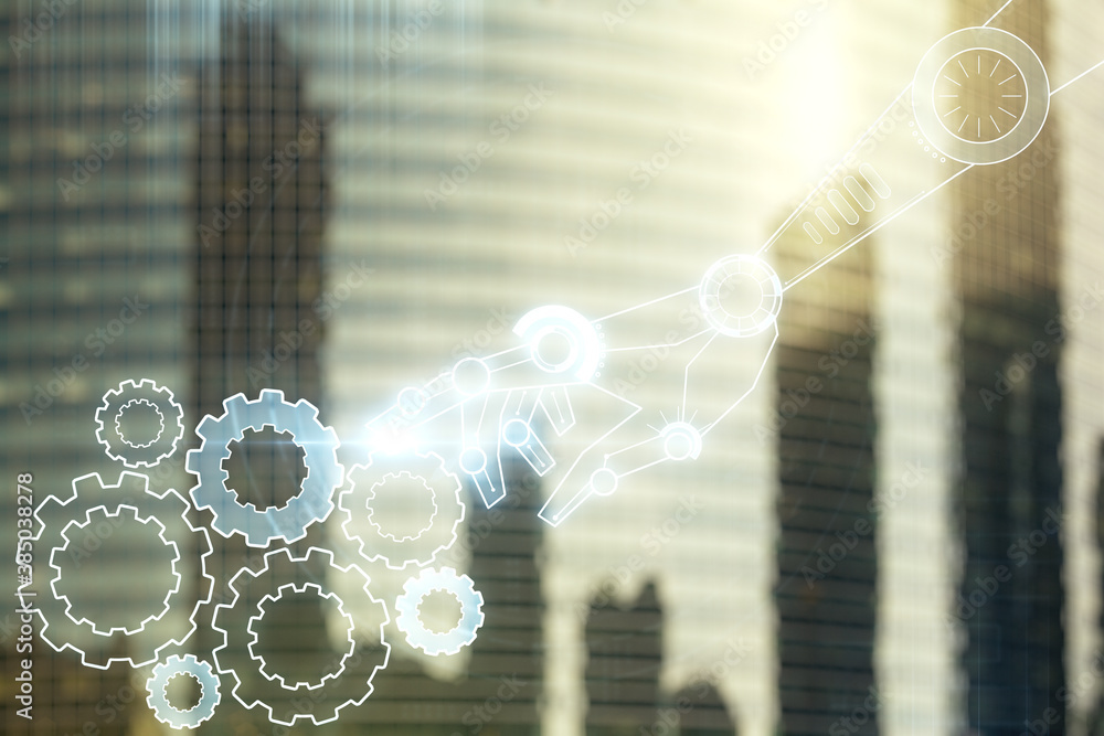Poster abstract virtual robotics technology hologram on office buildings background. robot development and 