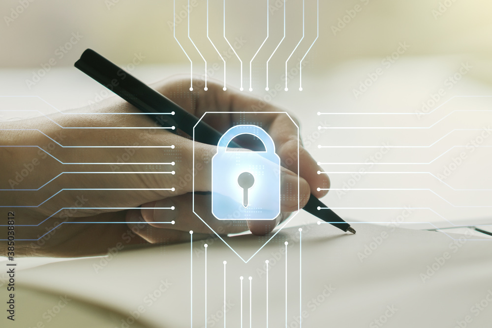 Poster creative lock sketch with chip hologram and man hand writing in notepad on background, protection of