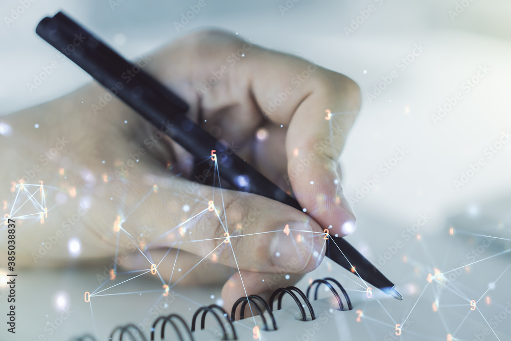 Aufkleber Double exposure of technology hologram and man hand writing in notebook on background. Research and development software concept