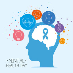 mental health day with ribbon on brain in head and icon set design, mind psychology and idea theme Vector illustration