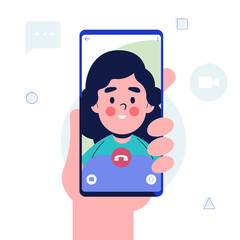 Video call. Hand holding Smartphone with woman on screen. Mobile phone in hand. Isolated on white background. Flat design vector illustration