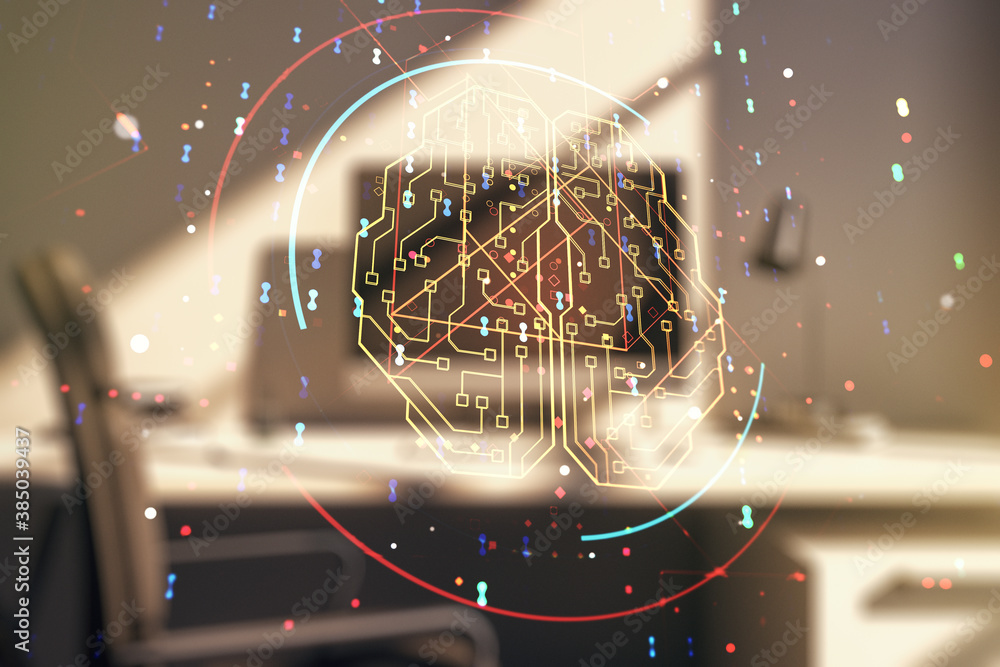 Poster creative artificial intelligence concept with human brain hologram and modern desktop with computer 