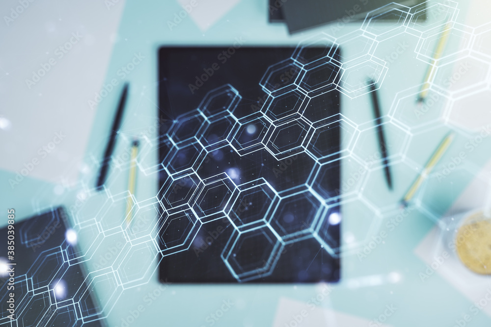 Poster Double exposure of technology hologram with hexagon and digital tablet on background, top view. Research and development software concept