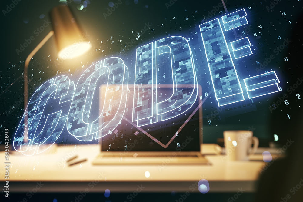 Poster creative code word hologram on modern computer background, artificial intelligence and neural networ