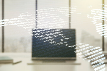 Double exposure of graphic America map on computer background, big data and digital technology concept