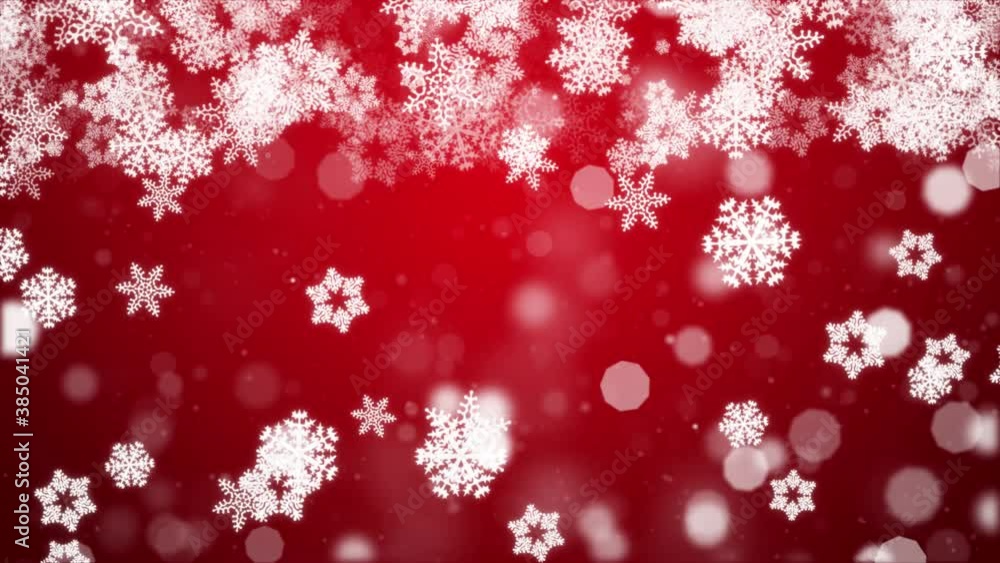Poster abstract sharp and blurred particles swarming red snowflake snow loop background. merry christmas, h