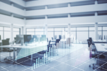 Multi exposure of abstract virtual financial graph hologram on a modern furnished office background, forex and investment concept