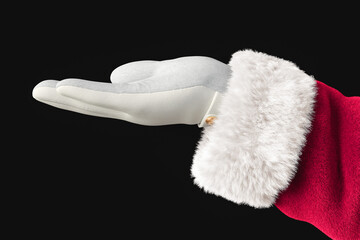Santa Claus hand open palm isolated on black background show or holding present