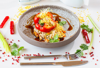 Chicken breast with bulgur baked in pepper in a gray ceramic plate in a restaurant