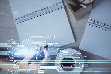 Multi exposure of woman's writing hand on background with data technology hud. Concept of innovation.