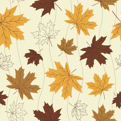 Colorful Fall Yellow And Brown Maple Leaves Seamless Pattern