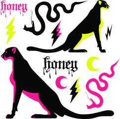 Pantera vector set with snakes, moon and different elements  © Lola