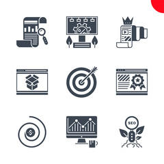 SEO Related Vector Glyph Icons Set. Report, organic seo, monitoring, return on investment, page quality, keyword targeting, seo pakages, quality content, adverting service. Editable