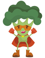 Funny vegetable superhero. Broccoli in cartoon style.