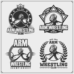 Set of arm wrestling club emblems, labels, badges and design elements. Print design for t-shirts.