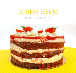 cake with cream and fresh strawberries on a yellow napkin. Dessert with space for text, copy space