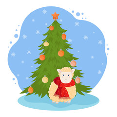 New year cartoon illustration. Funny scene with a lamb wearing a scarf and a Christmas tree with balls.