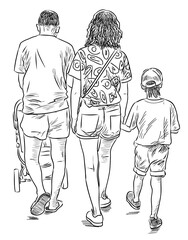 Sketch of family young people walking on summer day together