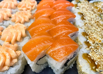rolls with red fish meat and Philadelphia cheese. Japanese food. Japanese food close up