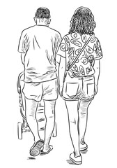 Fototapeta na wymiar Sketch of young couple with baby stroller going for a walk on summer day