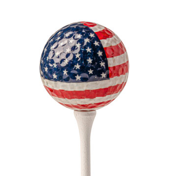 Golf ball with USA flag on white tee with clipping path, most popular sport in the world.