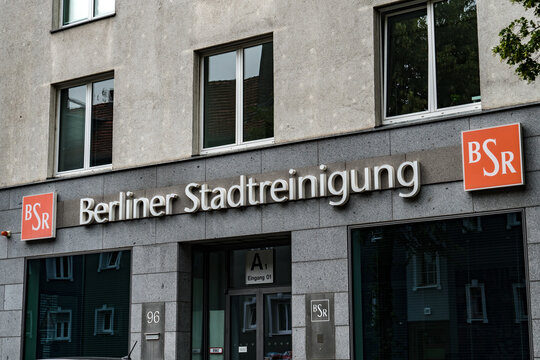 Berlin, Germany - June 14, 2019: Signage of Berliner Stadtreinigungsbetriebe BSR, service company of Berlin responsible for garbage disposal, street cleaning and waste treatment