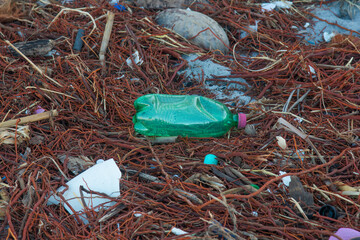 Beach plastic pollution. Plastic bottles and other trash on the beach sands.