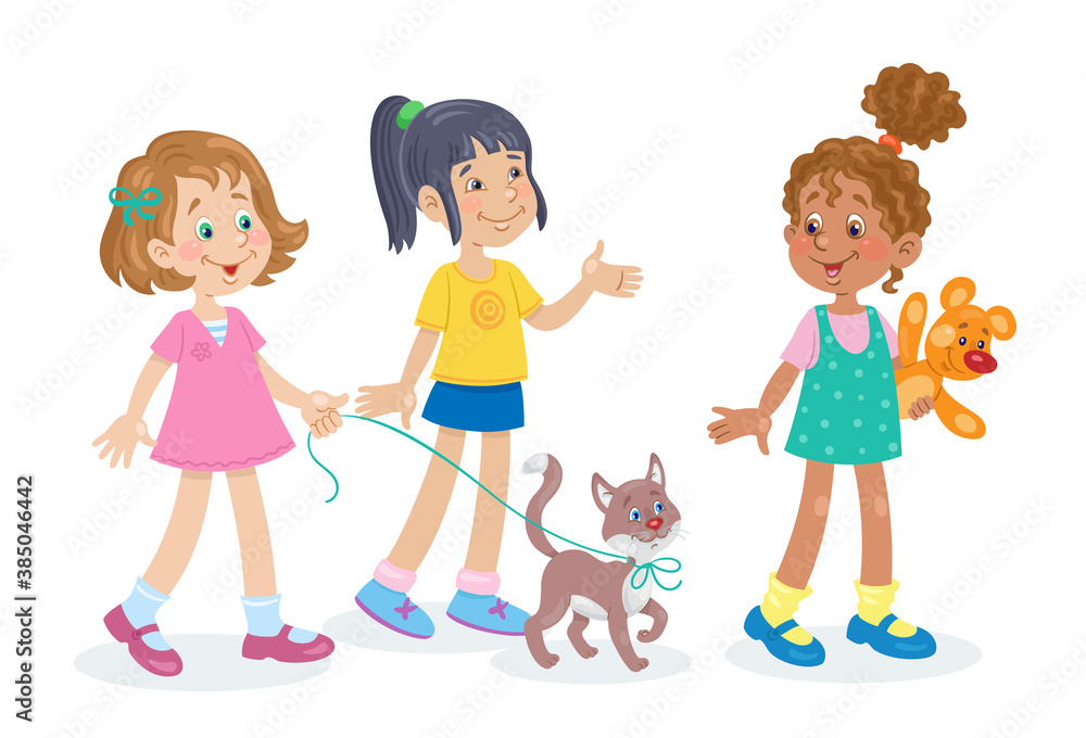 Poster Three cute little girls are walking with a kitten. Children of different nationalities. In cartoon style. Isolated on white background. Vector flat illustration.