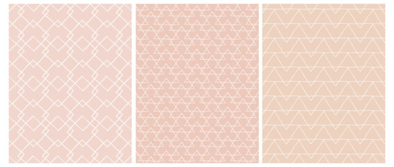 Cute Geometric Seamless Vector Patterns. Hand Drawn Zig Zags and Diamonds Isolated on a Light Dusty Pink Background. Funny Abstract Doodle Print. Simple Infantile Style Scribbles Backdrop.