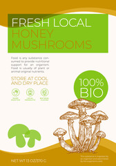Fresh Local Mushrooms Label Template. Abstract Vector Packaging Design Layout. Modern Typography Banner with Hand Drawn Honey Shrooms Sketch Silhouette Background