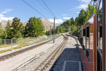 The mountain train from Zermatt up to Gornergrat. The Gornergrat bahn. Summer in the swiss alps. Switzerland.