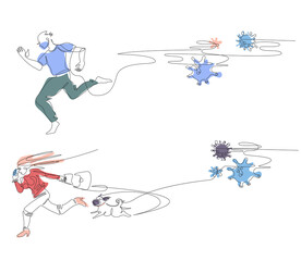 People flee from viruses. Man and woman. Panic, flight, fear, pandemic.