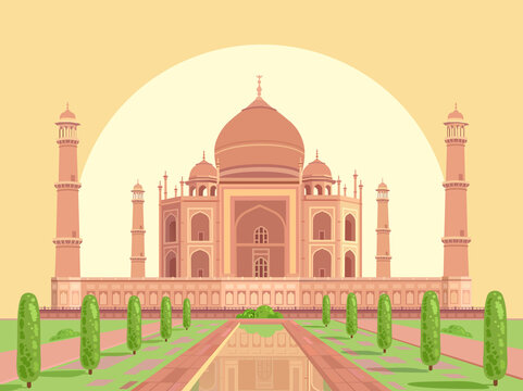 Taj Mahal Is A Palace In India. Mosque. Landmark, Architecture, Hindu Temple In The Indian City Of Agra, Uttar Pradesh. Vector Flat Illustration