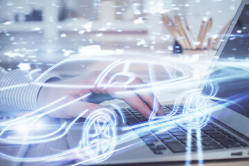 Automobile theme drawing with businessman working on computer on background. Autopilot taxi concept. Multi exposure.