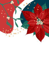 Poinsettia flower and mistletoe branch with berries on color background. Template for christmas greeting card, party invitation design. Vector illustration flat cartoon isolated icon.