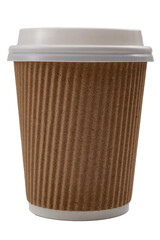 Takeout hot drinks and morning stimulant concept with recyclable brown takeaway paper cup of coffee with a plastic lid on isolated on white background with clipping path cutout