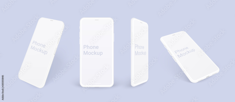 Wall mural realistic phone mockup, clay mobile set concept with shadow isolated. white smartphones in different