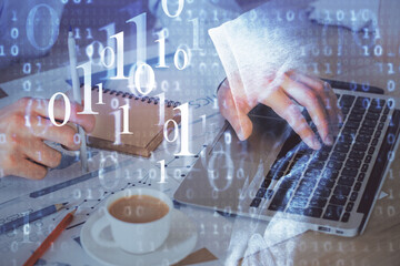 Double exposure of data internet theme hologram with man working on computer on background. Concept of innovation.