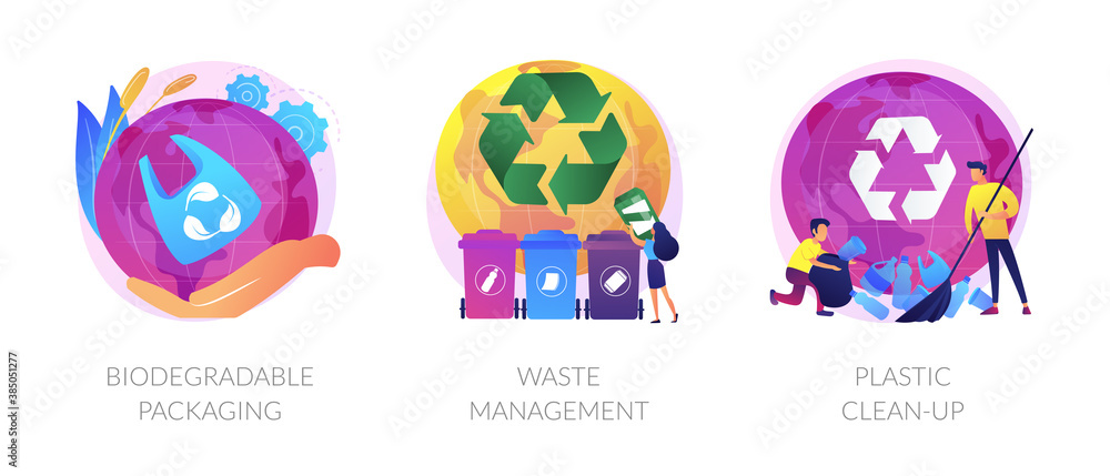 Poster garbage sorting and recycling icons set. contamination of water bodies problem. biodegradable packag