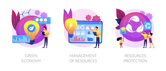 Eco friendly technologies flat icons set. Alternative energy, waste recycling. Green economy, management of resources, resources protection metaphors. Vector isolated concept metaphor illustrations