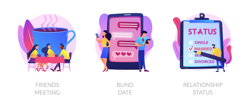 Friendship and communication, flirt and partner search, romantic bonding icons set. Friends meeting, blind date, relationship status metaphors. Vector isolated concept metaphor illustrations