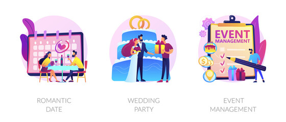 Love and romance, marriage ceremony, professional event planning service icons set. Romantic date, wedding party, event management metaphors. Vector isolated concept metaphor illustrations