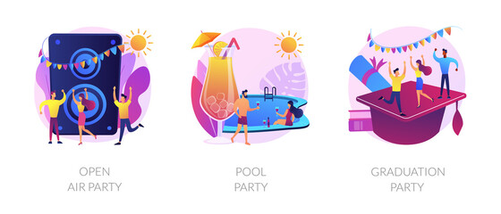 Outdoor music festival, tropical summer recreation, school graduation celebration icons set. Open air party, pool party, prom party metaphors. Vector isolated concept metaphor illustrations © Visual Generation